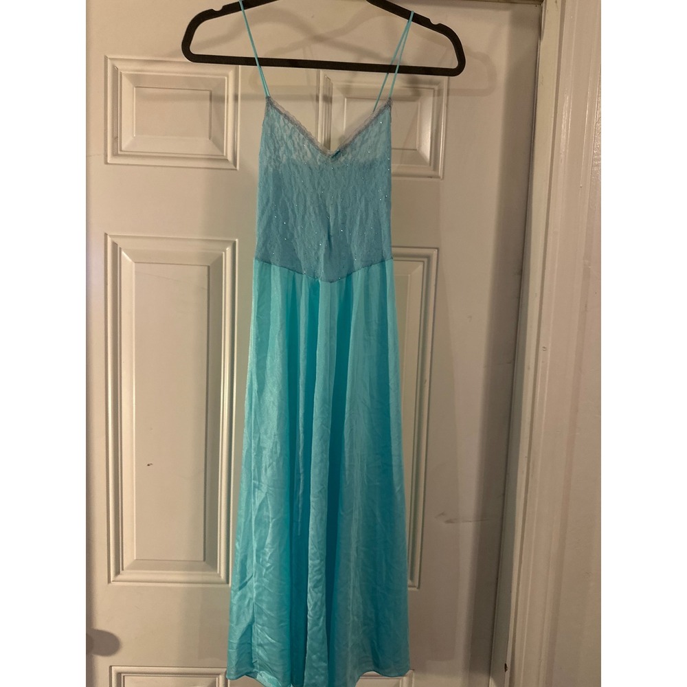 Vintage 60s/70s Cira Blue Lace Maxi Nightgown Shimmer Lace‎ Coquette Long Dress